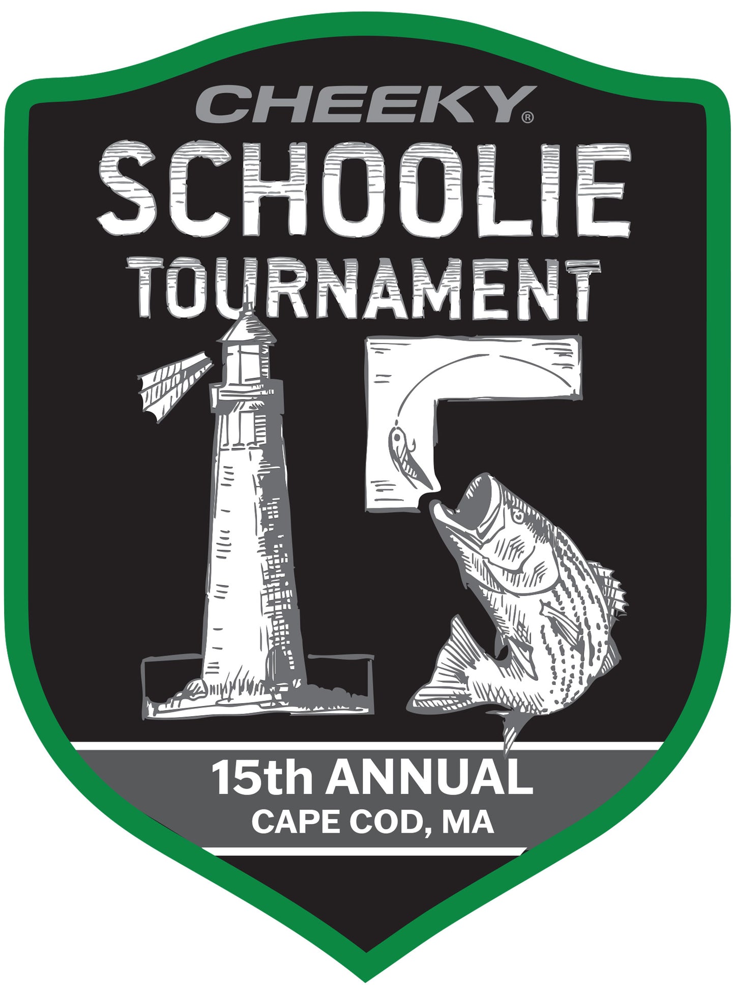 Cheeky Schoolie Tournament shield logo reading “15th Annual, Cape Cod, MA,” featuring a lighthouse forming the number 1 and a striped bass forming the number 5.