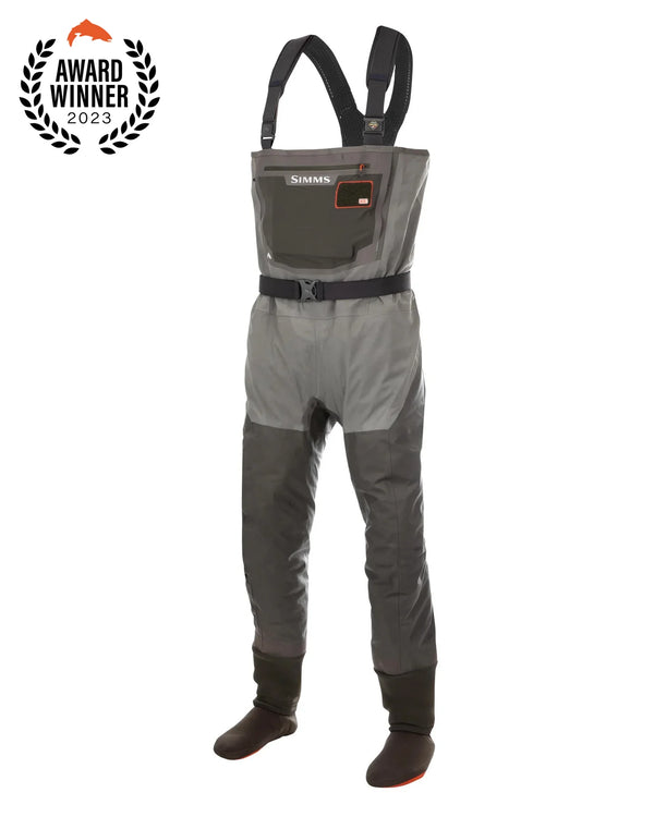 Simms G3 stockingfoot waders on a white background