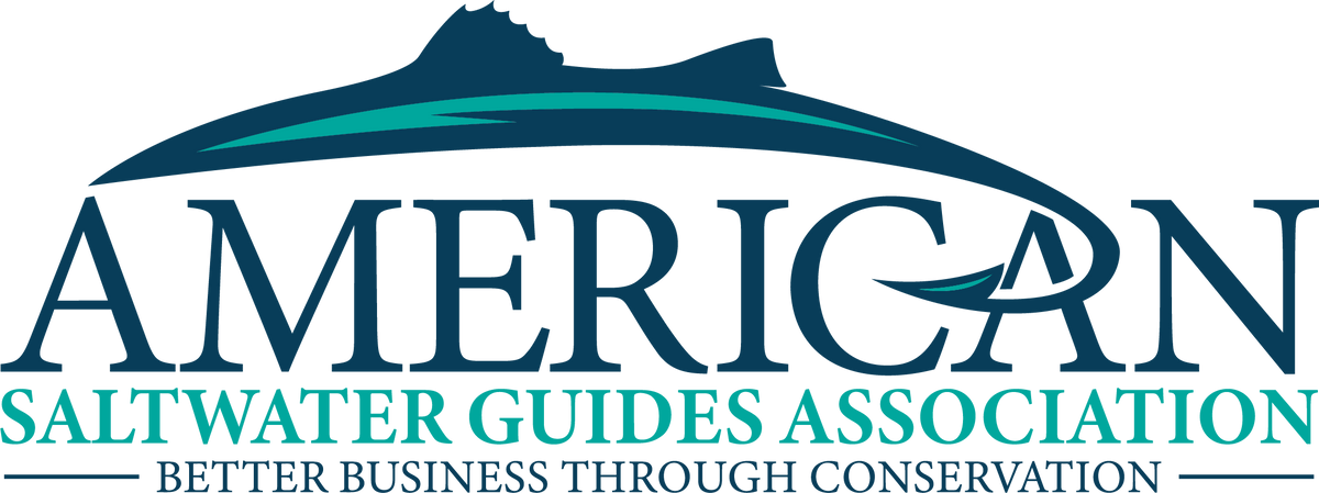American Saltwater Guides Association logo featuring a stylized fish above the words “American Saltwater Guides Association” and the tagline “Better Business Through Conservation.”