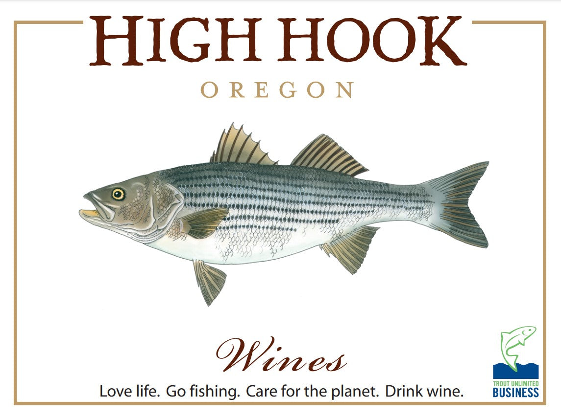 High Hook Oregon Wines logo featuring an illustrated striped bass with the text “High Hook Oregon Wines” and the tagline “Love life. Go fishing. Care for the planet. Drink wine.”