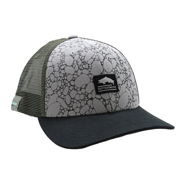 Trucker hat with gray patterned front and black bill, featuring a logo on a white background.