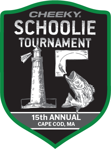 Logo for the Cheeky Schoolie Tournament with lighthouse and fish illustration on a black background.