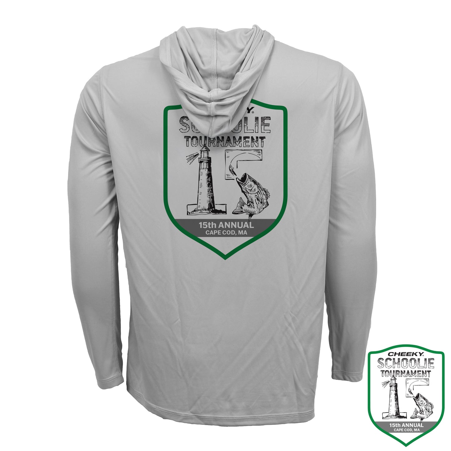 Gray long-sleeve shirt with hoodie featuring the 15th annual Schoolie Tournament logo on the back, on a white background.