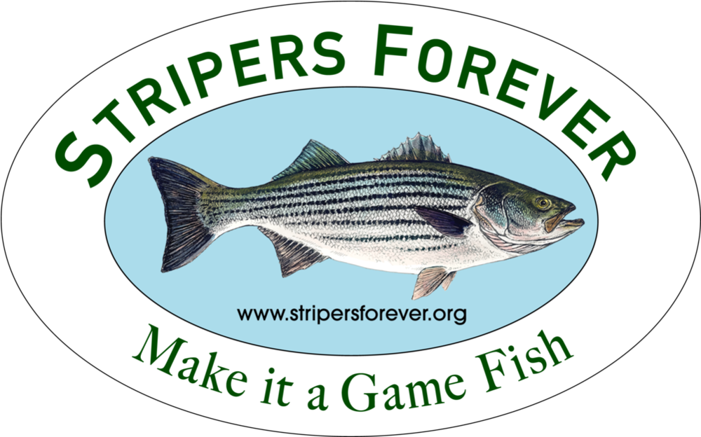 “Stripers Forever” oval logo featuring an illustrated striped bass, with the text “Make it a Game Fish” and the website stripersforever.org.